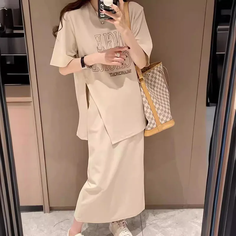 Summer Oversized Leisure Sports Two-piece Women's Clothing Set Fashion Letter Short Sleeved Split T-shirt+Solid Half Skirt Suits