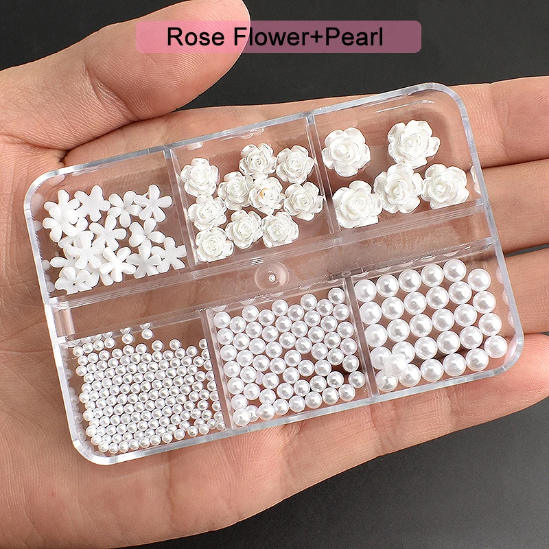 6 Palace Grid Box accessori per Nail Art in resina Set di miscelazione di fiori rosa perla bianca unghia 3D decorazione fai da te