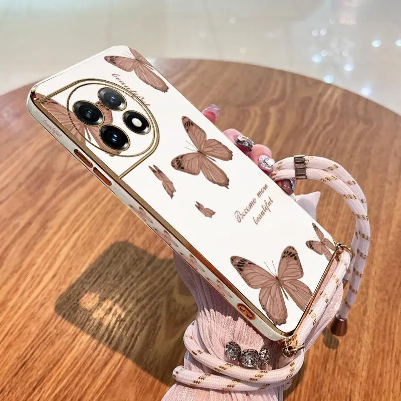 Flower Butterfly Lanyard Plating Phone Case For Oneplus 11 11R 10R 10T 10 Pro 9 9R 9RT 8T 8 8 Pro Cover