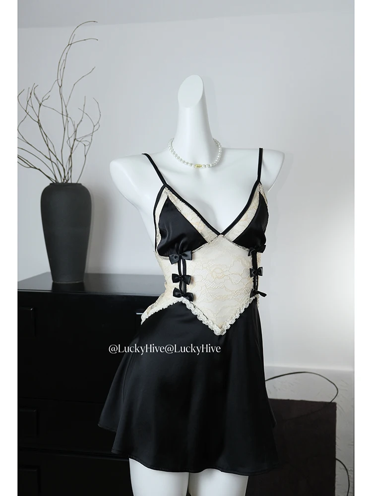 

Women's Black Gothic Mini Nightdress Sexy Lace Lingerie Nightwear Bath Robe Gown Nightdress Nightgown Home Dress Clothing Summer