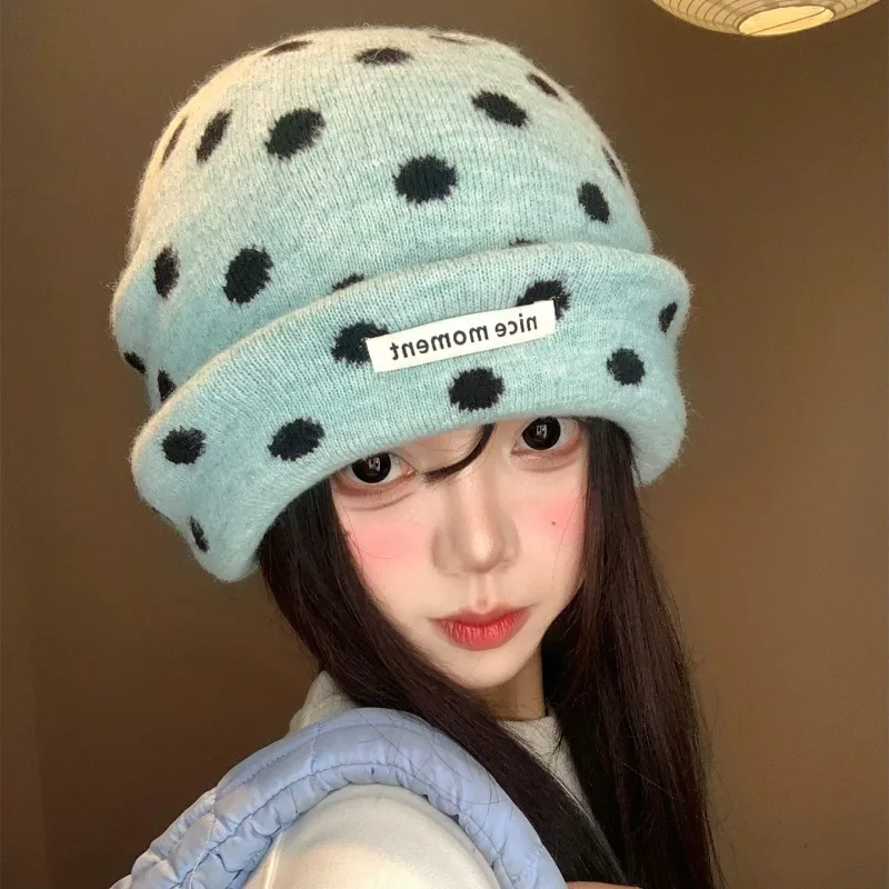 Y2K Polka‑Dot Knitted Slouch Beanies for Women Oversized Loose Fit Ornament Soft Fluffy Fuzzy Yarn Streetwear Winter Hats Men