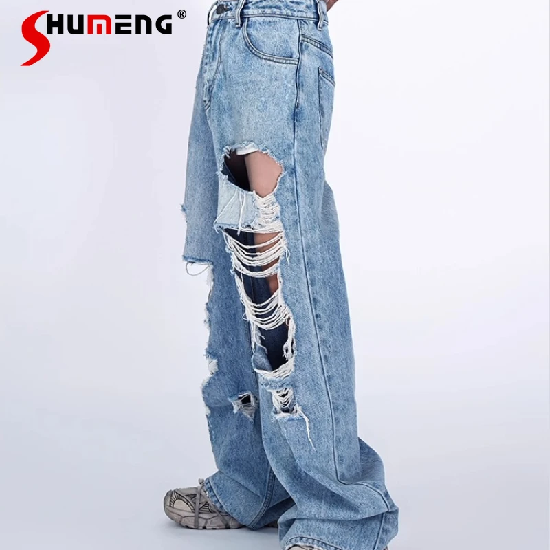 

Men's 2025 Summer New High Street Hole Wide-Leg Jeans Male Stylish Straight-Leg Denim Pants Men's Zipper Loose Denim Trousers