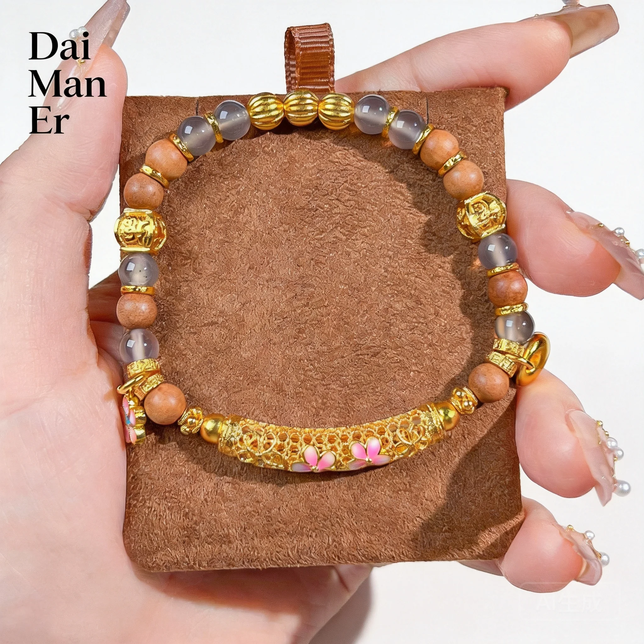 Chinese Style Lucky Blessing Wealth Attracting Pink Flower Curved Tube Agate Chenxiang Wood Beaded Bracelet Fu Character Fortune
