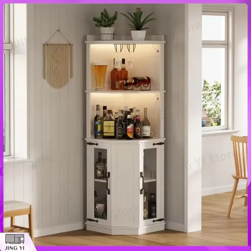67.3 Inch Wine Cabinet with Adjustable Shelves Power Outlet LED Light Glass Door Corner Design for Home Bar Kitchen Wine