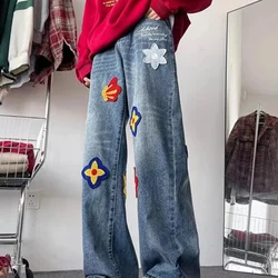 Autumn Y2K Vintage Flower Embroidery Jeans For Men Hip Hop Fashion Baggy Denim Pants Women's Streetwear Blue Straight Jean