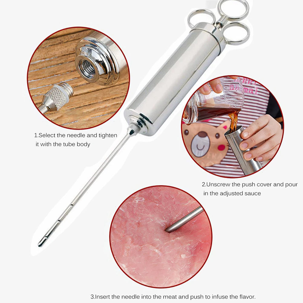 Stainless Steel Meat Marinade Injector Seasoning Turkey Steak Flavouring Injector Food Grade Cooking Syringe BBQ Tool with Brush