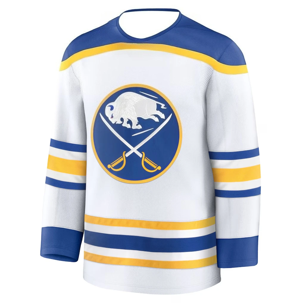 Hockey Jersey - White with Blue/Yellow Accents Classic Bison & Crossed Swords Logo Comfortable Base Layer for Autumn and Winter