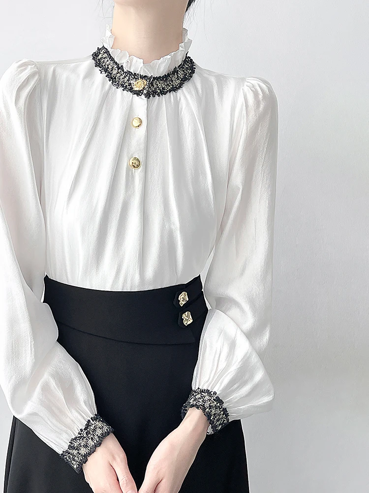 

Ele White irt Stand Collar Commute Sle Women's Faion Korean Version Polyester Fiber Long Sve No ket Design