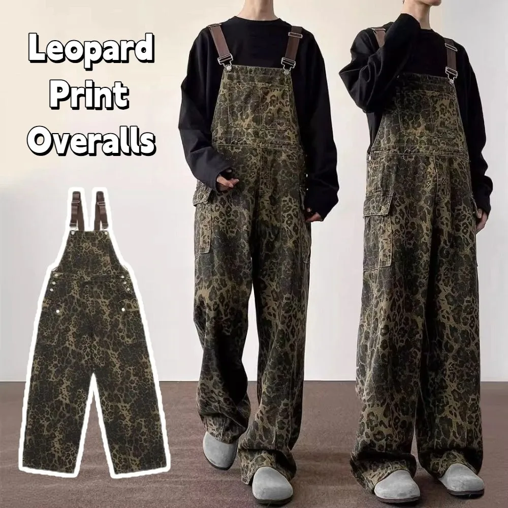 

Fashion Baggy Leopard Print Overalls Wide Leg Straight Leg Rompers Women Y2k Ins Style High Waist Leopard Print Pants Lady