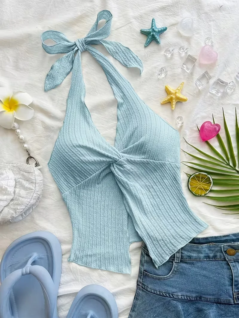 Cropped Top, Women's Summer Cute, Fashionable and Sexy Suspender Twisted Backless Top