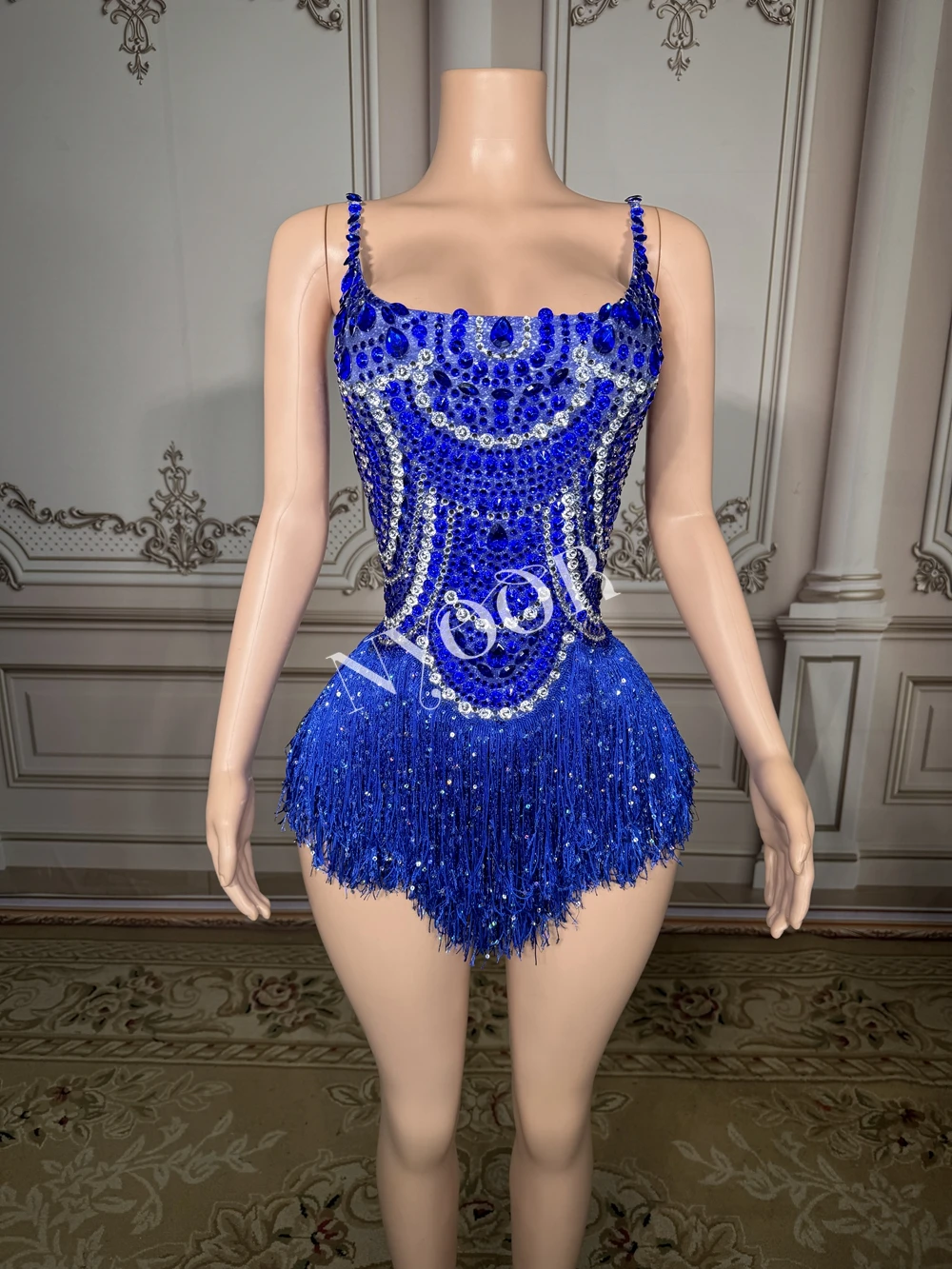 Sparkly Blue Rhinestones Tassels Bodysuit Women Sexy Show Performance Dance Costume Nightclub Outfit Singer Dancer Stage Wear