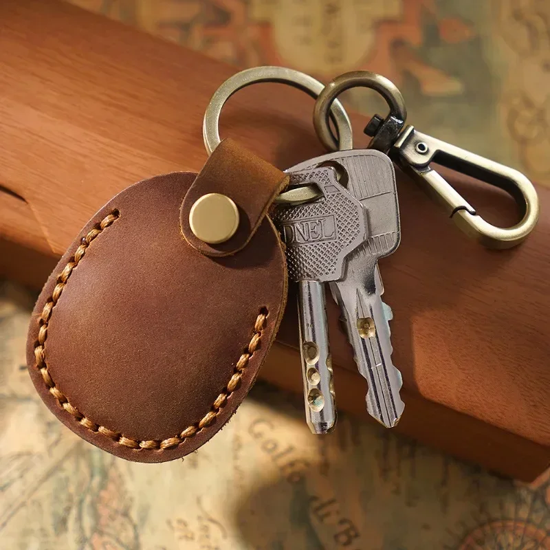 Laser Custom LOGO Genuine Crazy Horse Leather Keychain Case for Air Tag Door Card Keyring Personalize Vintage Dermis Key Chain