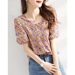 Vintage Printed Lace Folds Lantern Sleeve Floral Blouse Women's Clothing 2023 Summer New Oversized Casual Pullovers Korean Shirt