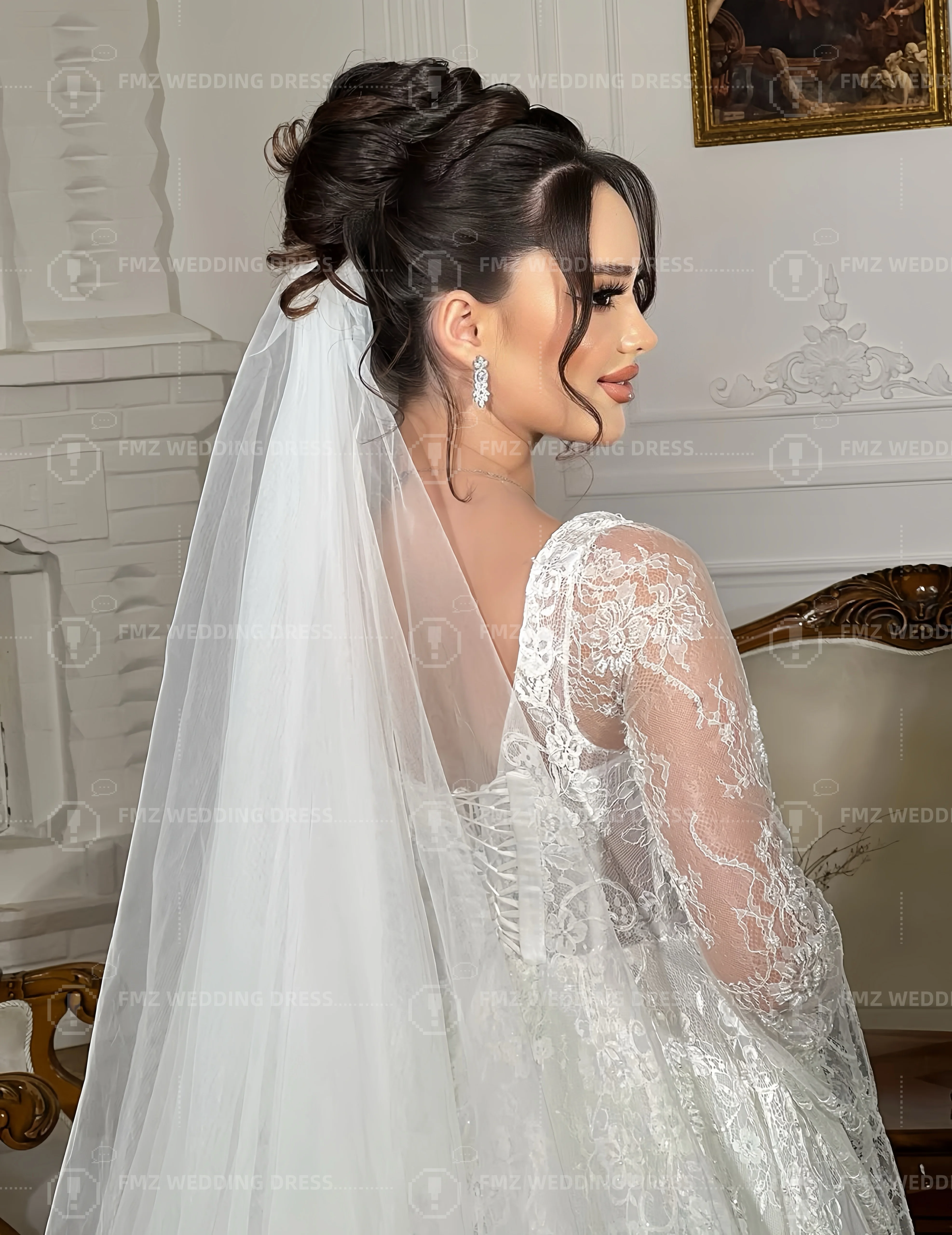 Элегантное кружевное свадебное платье трапециевидной формы с длинными рукавами и воротником-ложкой по индивидуальному заказу, официальное платье amanda novias