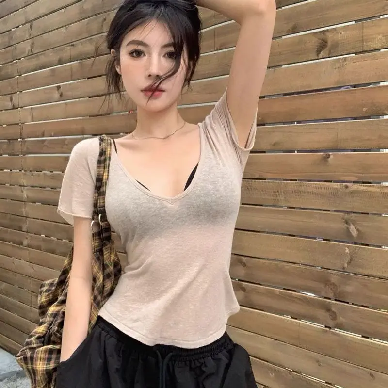 Slim Fit Short Sleeve T-Shirt Women's Basic  Color V-Neck Waist Cinched Summer New Casual Thin Transparent Top Trendy