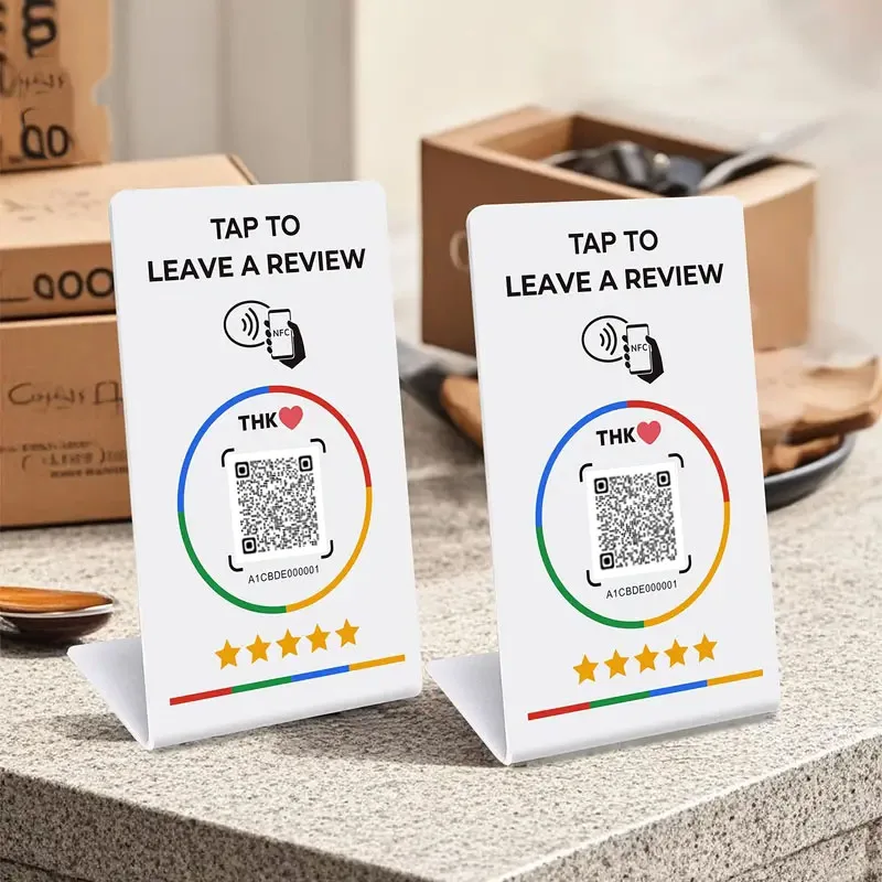 13.56Mhz programmable Google Review Card NFC station table NFC Google Reviews display bending card standing brand bracket