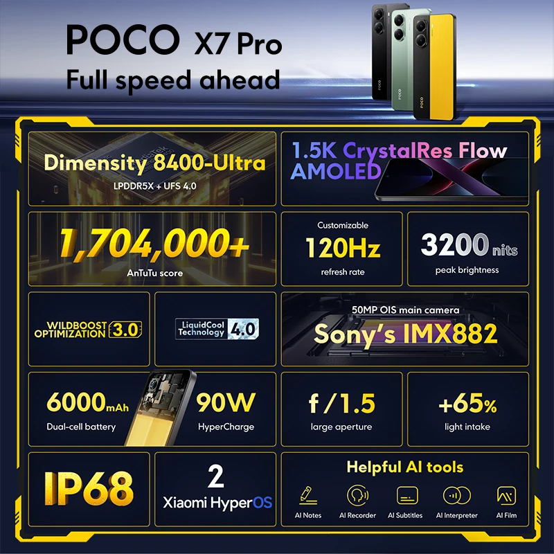 POCO X7 Pro 5G الهاتف الذكي الأبعاد 8400-Ultra 90W HyperCharge 6000mAh بطارية 50MP 20MP كاميرا NFC 6.67 ''1.5K 120 هرتز IP68