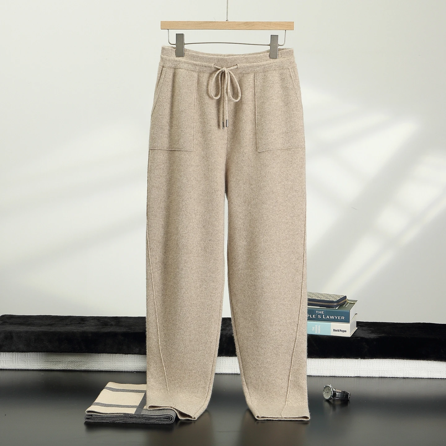 Men's 100% Cashmere Pants Soft Smart Casual Pockets Pencil Pants Autumn Winter Elasticated Waist Cashmere Knitted Trousers