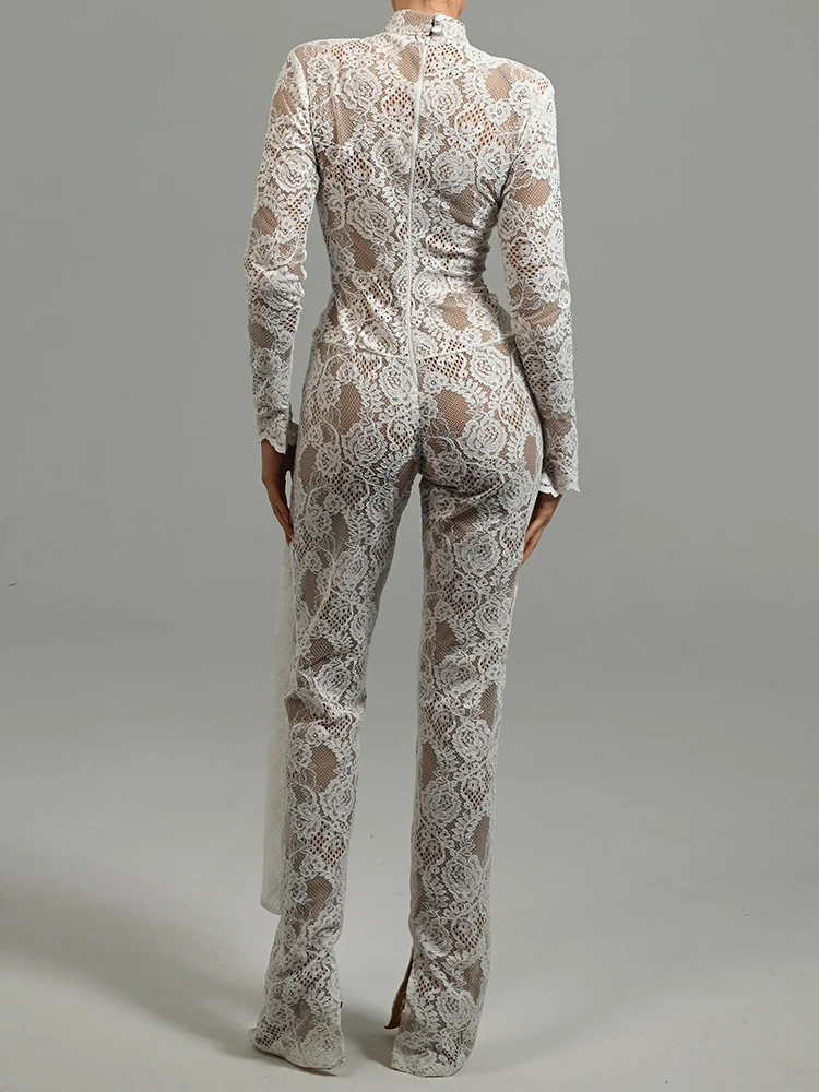 Elegant Black White Lace Bodysuit Jumpsuit with Flowing Details – Full Length and Sheer Design Bodycon Cocktail Parties Wear