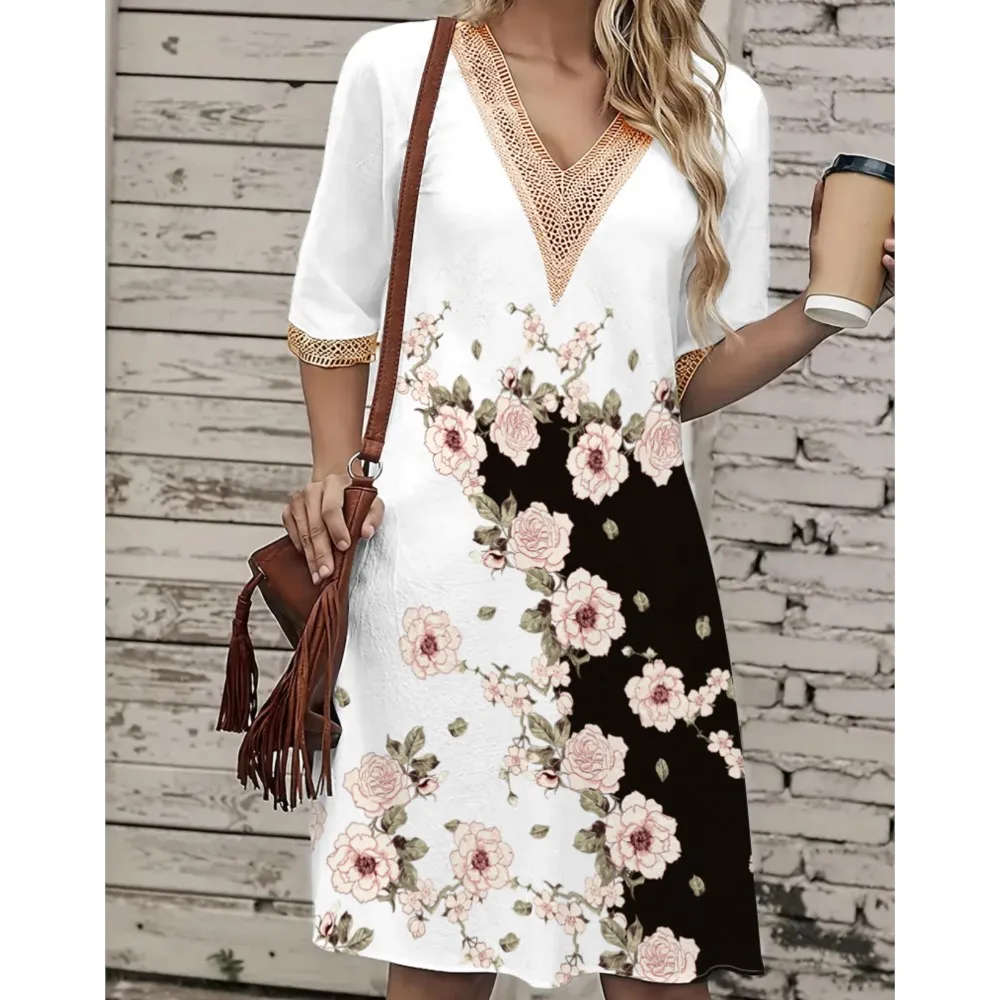 Retro Geometric Printed Lace Patchwork V-neck Pullover Dress For Women 2025 New Spring/summer Flower  Printed Dress Femme Robe