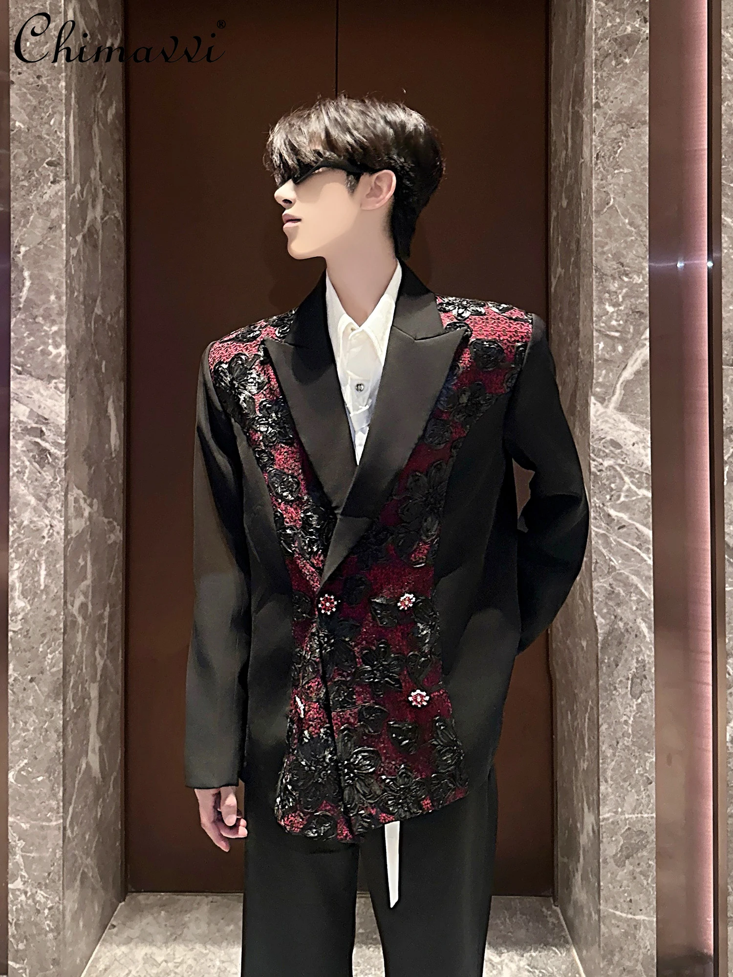 High-end Black Blazer Men's 2025 Autumn New Heavy Industry Embroidery Splicing Design Light Luxury Shoulder Padded Suit Coat