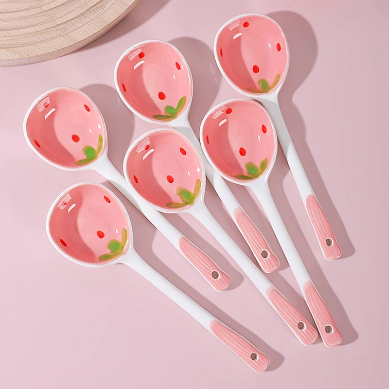 

1Pc Cute Strawberry Ceramic Soup Spoon Ice Cream Hand Painted Coffee Dessert Long Handle Spoon Kitchen Tableware Accessories