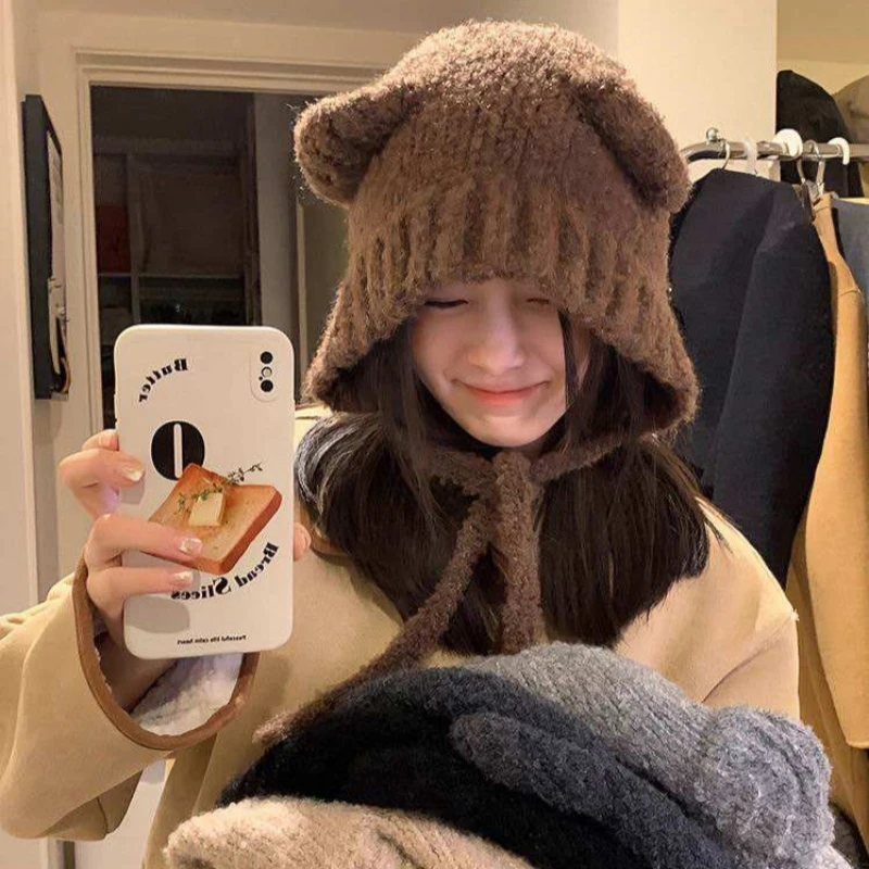 Cute Bear Knitted Hat Cute Girls Knitted Ear Caps Winter Padded and Thickened Warm Cap Big Head Circumference Ear Protection Hat