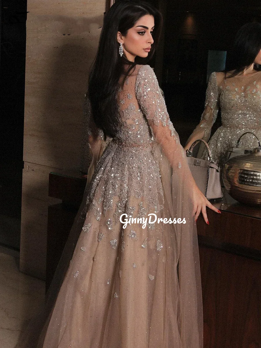 

Customized Vestidos De Fiesta Dia A-Line Square Neckline Floor-Length Evening Dress Beadings Long Sleeves Zipper Up Dresses
