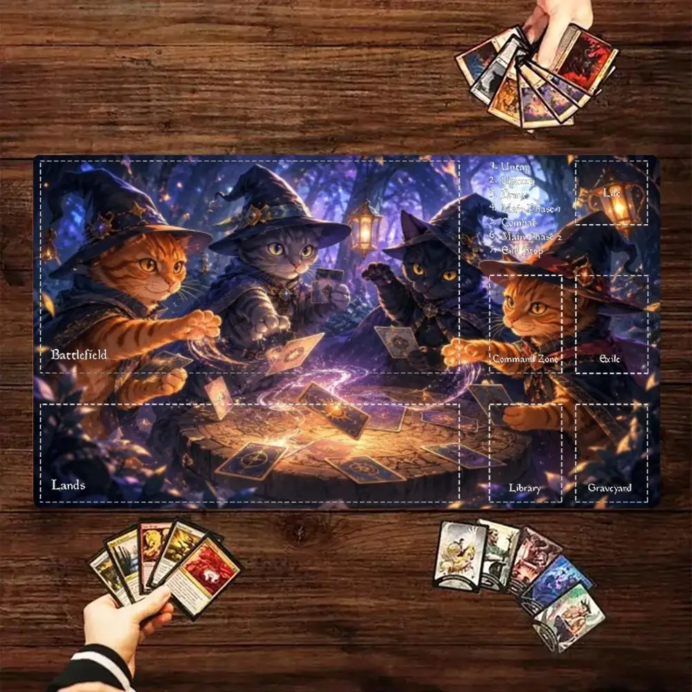 Moonlight Wizard Cats Tarot Forest Large MTG Playmat TCG Battle Mat Anti-Slip Durable Stitched Edge Commander tapete magic mtg