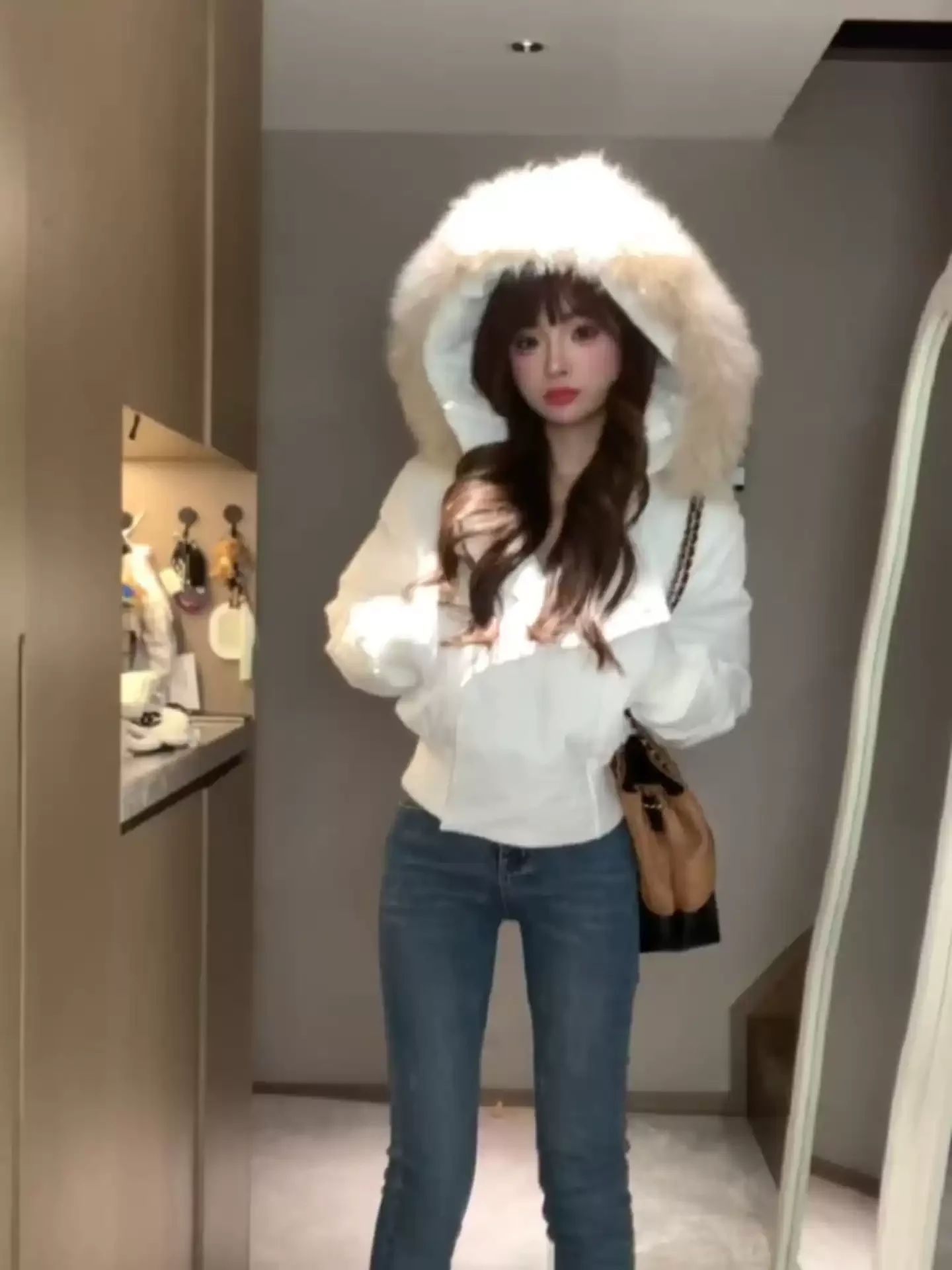 Winter Korean Style Cropped Fur Trim Hooded Puffer Parka Women Student Loose Fit Thick Warm Coldproof Coat Casual Daily Outfit