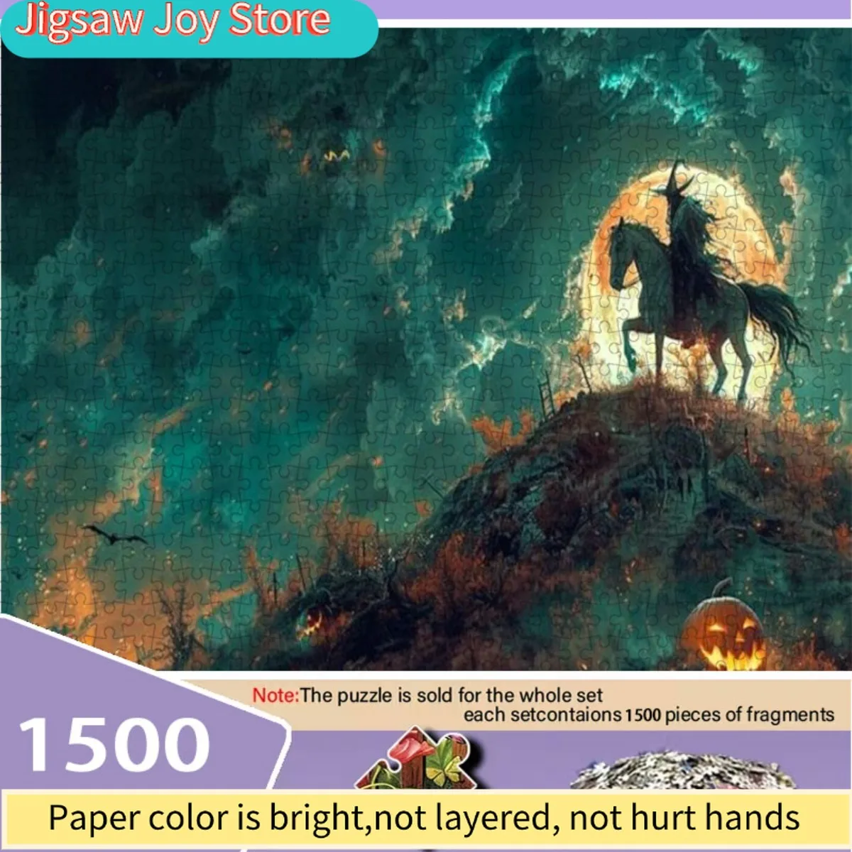 

Adult Puzzle - Witch Horseback Full Moon with Pumpkin Lanterns, Dark Green & Orange Portable Rectangular Brain Suitable for A