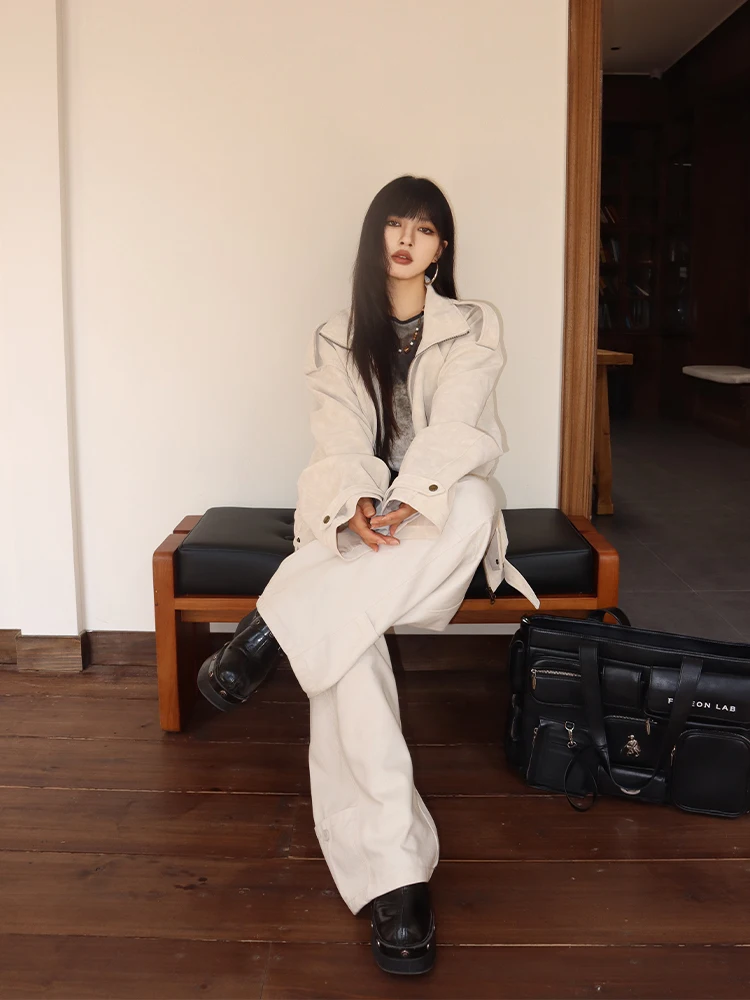 Jaqueta Feminina de Couro PU Macio, Estilo Pudong, Manga Longa, Caimento Solto, Elegante, para Outono Inverno