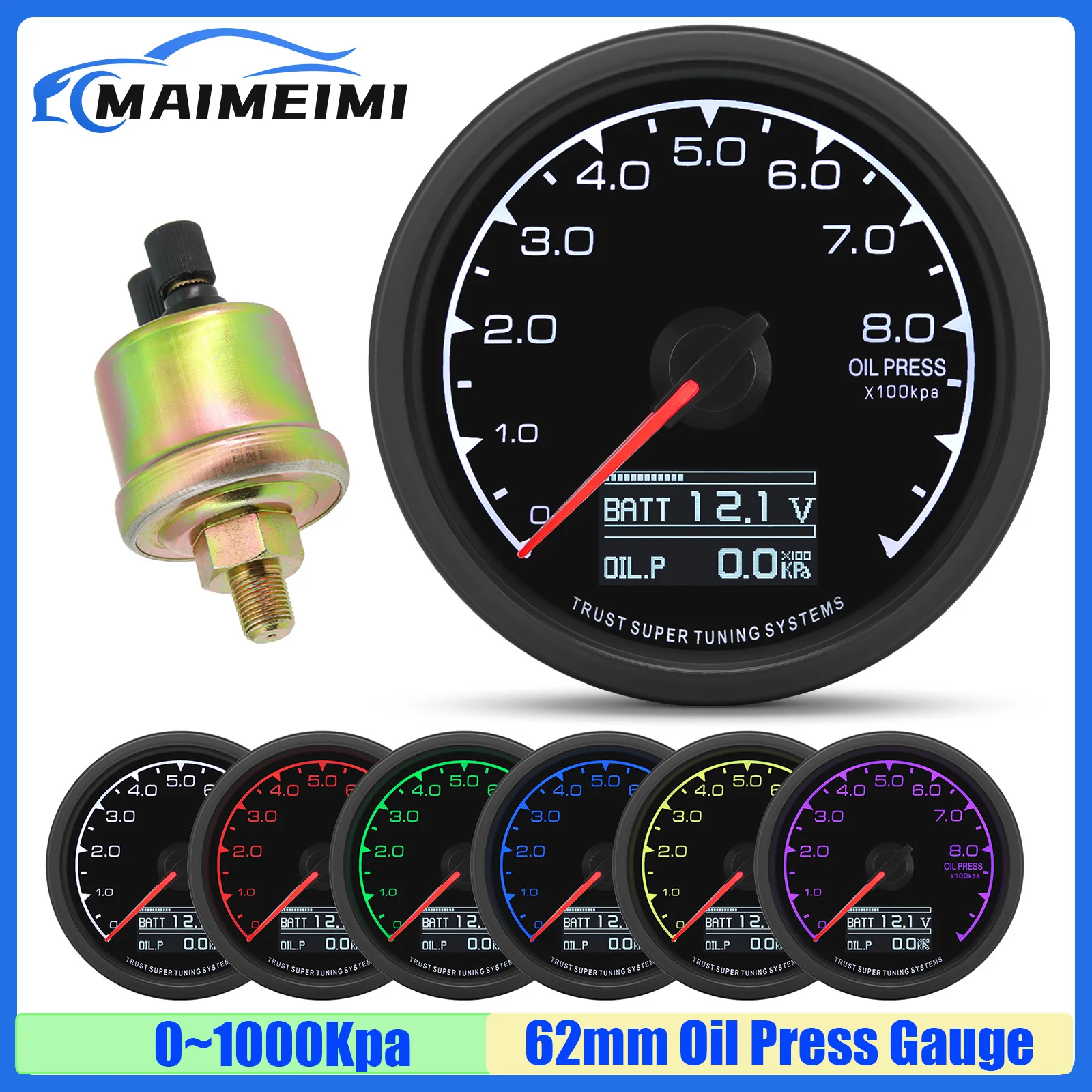 0-1000Kpa Digital 62mm Oil Pressure Gauge with Sensor 1/8NPT 7 Colors Auto Gasoline Oil Press Meter Indicator+Holder Bracket 12V