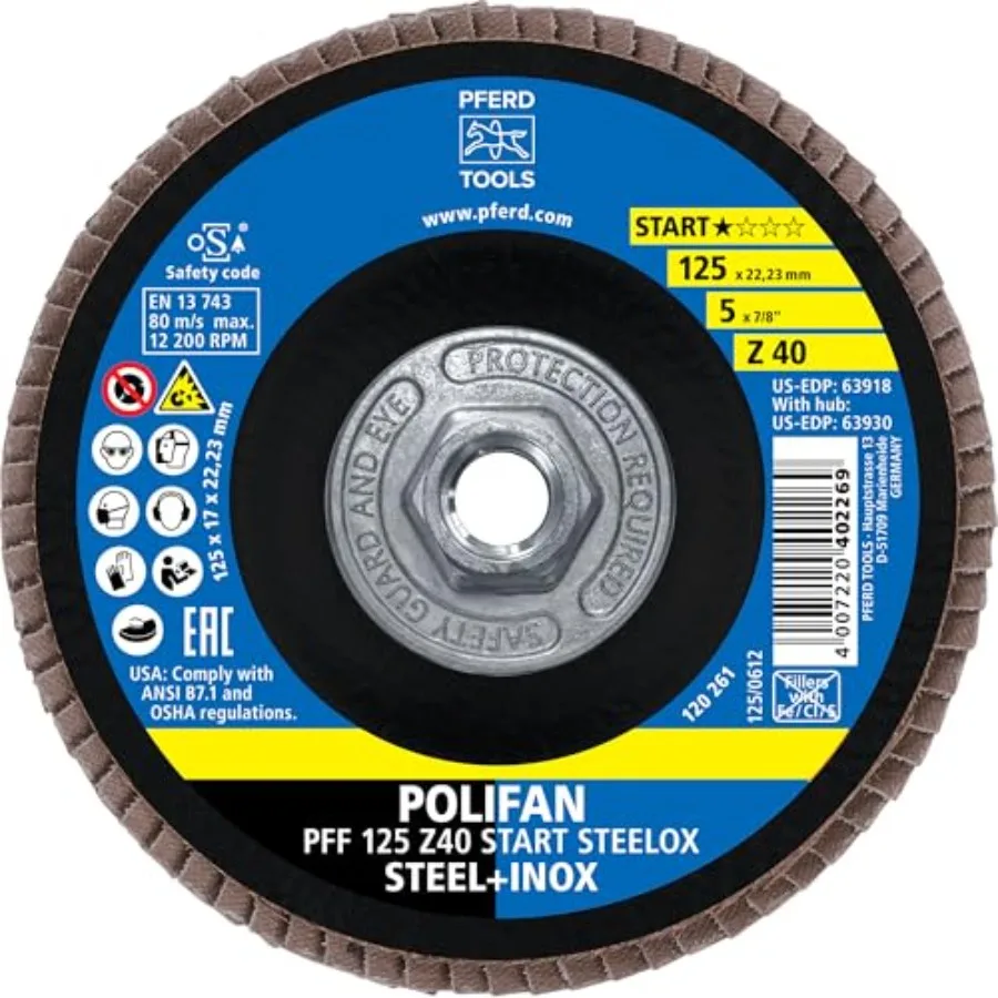 

Z Start STEELOX Type 27 Flat Flap Disc 5" Diameter 5/8"-11 Thread 40 Grit Zirconia Use on Steel and Stainless Steel Pack of 10