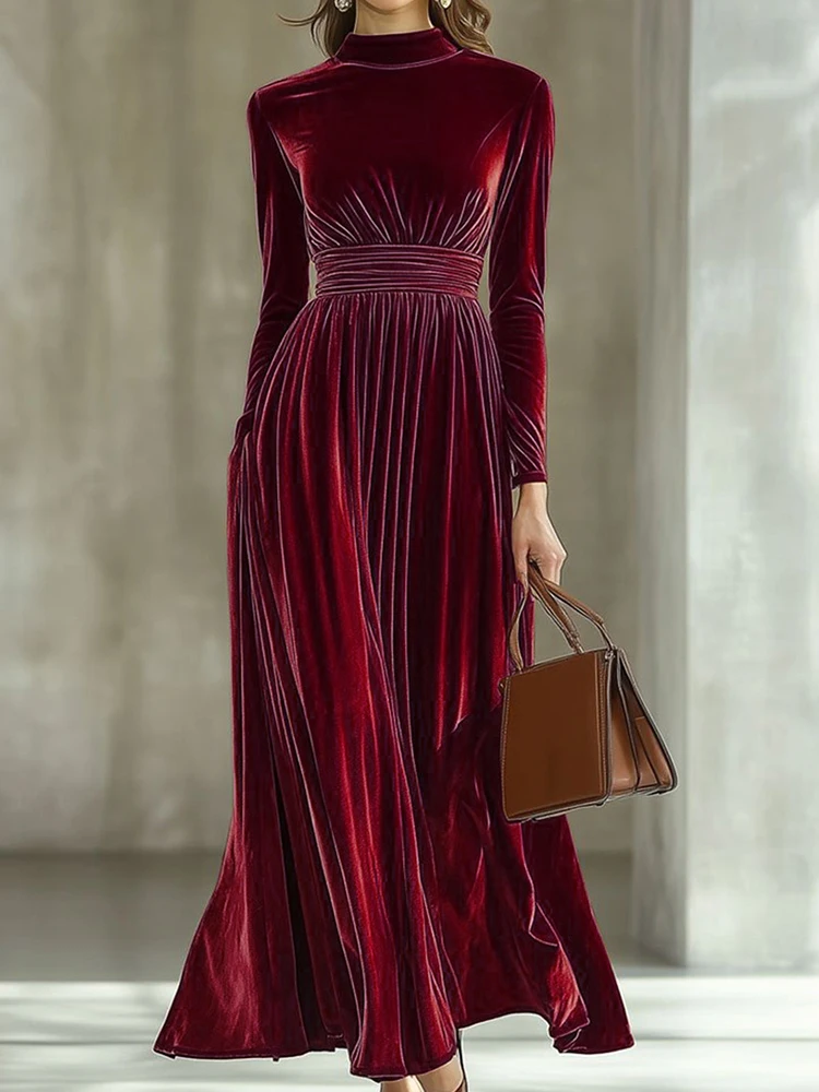 Langärmliges, schlichtes, elegantes Urlaubskleid, Damen-Herbst-Winter-Maxikleid mit halbhohem Kragen, solides Patchwork-Damenkleid