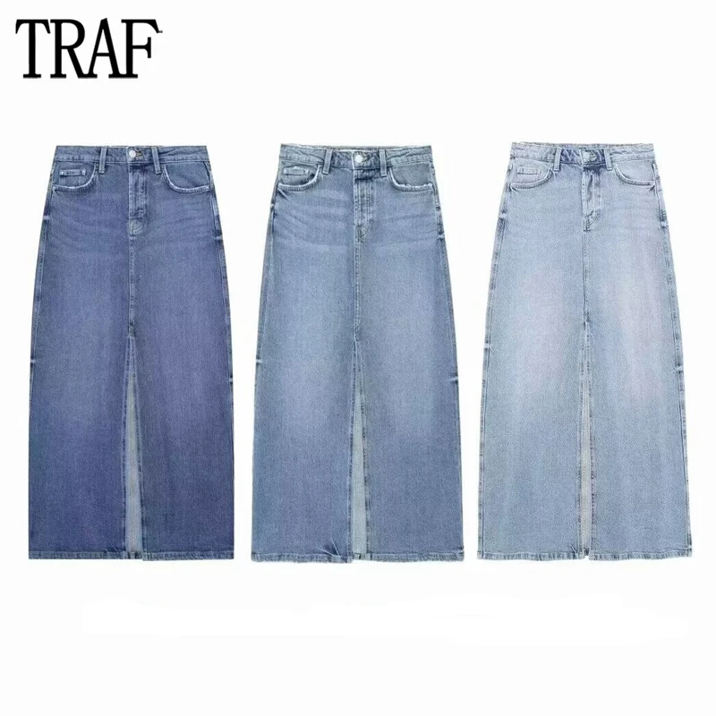 TRAF Blue Denim Long Skirt Woman High Waist Midi Skirts for Women Summer Slit Jeans Skirts Woman Streetwear Cargo Spódnice damskie