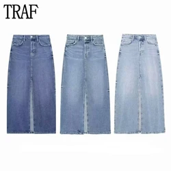 TRAF Blue Denim Long Skirt Woman High Waist Midi Skirts for Women Summer Slit Jeans Skirts Woman Streetwear Cargo Women's Skirts