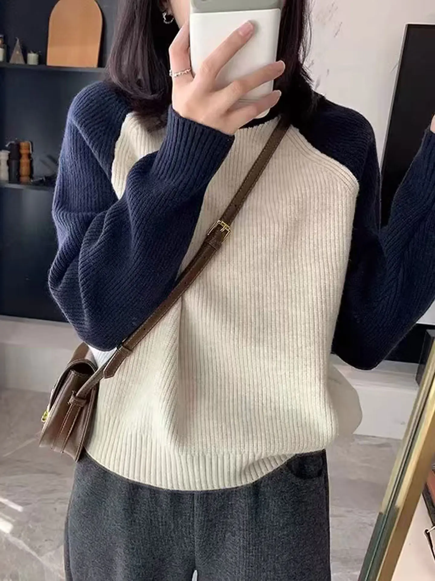 Winter color matching 100% pure cashmere sweater women's high-end thick autumn and winter contrast soft waxy bottoming sweater