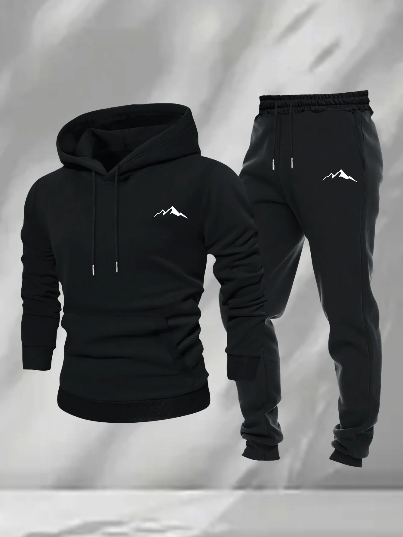2026 Men 2 Piece Sports Tracksuit Simple Mountain Print Hoodie + Jogger Pants Casual Loose Autumn Winter Outdoor Outfit