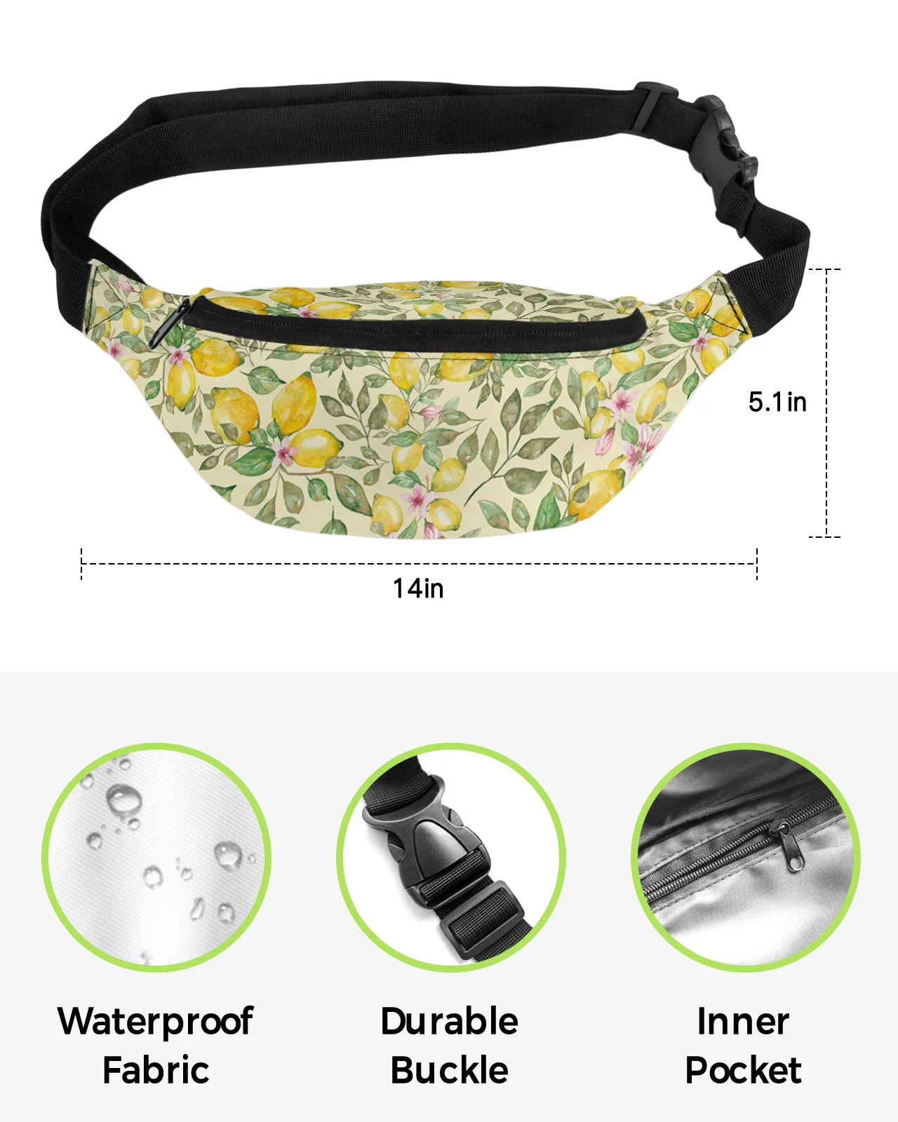 Riñonera impermeable para hombre y mujer, bolsa de cintura con estampado de frutas, acuarela, limón, rosa, flor, plátano, cinturón para teléfono