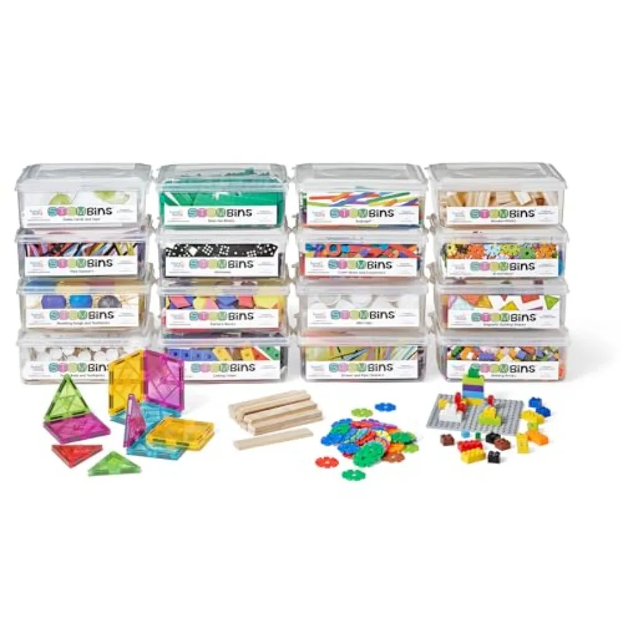Classroom STEM Bins Set: Plastic, Blue/Red/Yellow, 16-piece comprehensive manipulative kit for elementary engineering and scien