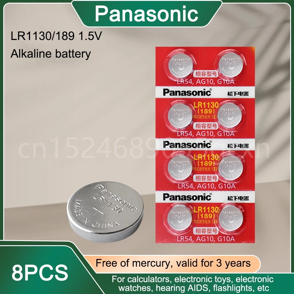 Щелочные кнопочные батарейки Panasonic AG10, LR54, 1,55 в, SR54, 389, 189, LR1130, SR1130, 8 шт.