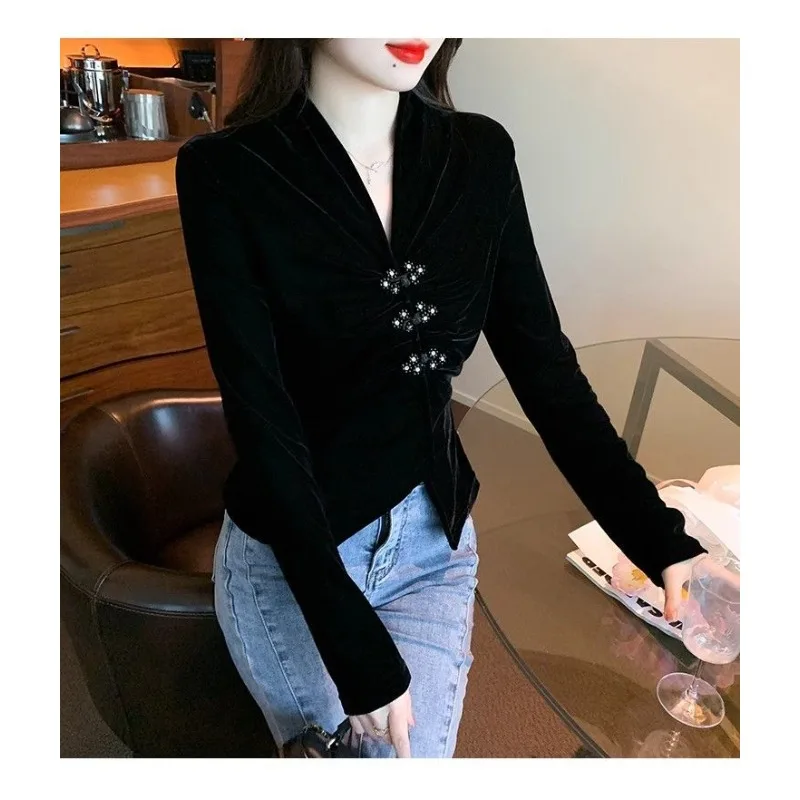 Bottoming Velvet Shirt for Women in Autumn Winter New Chinese Style Button V-neck Inner Top Shirt