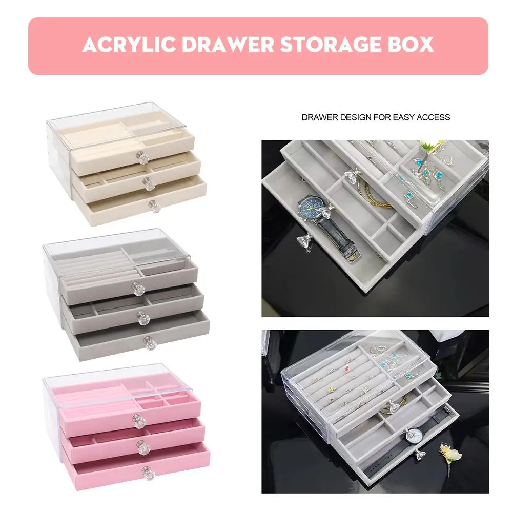 Three-layer Flannel Jewelry Box Drawer Jewelry Box Necklace Jewelry Large Earrings Acrylic Transparent Storage Box H2Z8