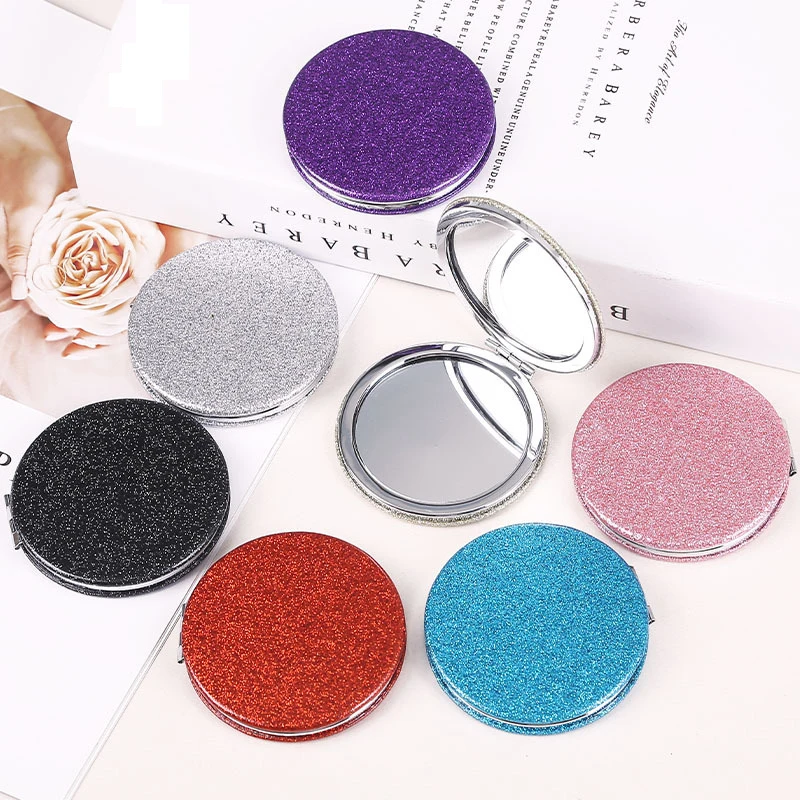 1pc Portable Glitter Round Makeup Mirror Hand Pocket Folding Cosmetic Mirror Double Face Make Up Mirror