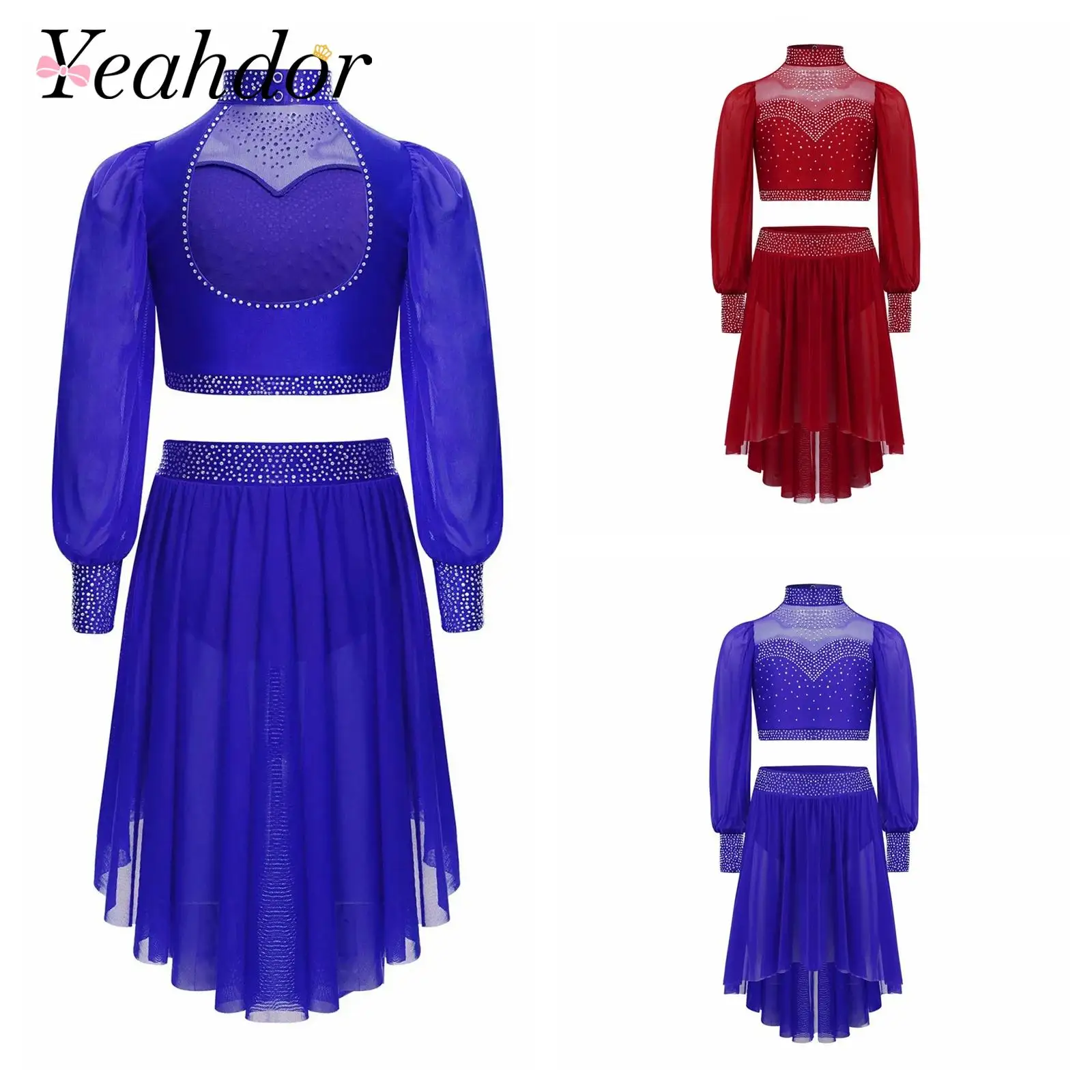 Children's Ballet Dance Outfits Long Sleeves Dancewear Sets Kids Girls Lyrical Dance Costumes Sheer Mesh Modern Skating Dress