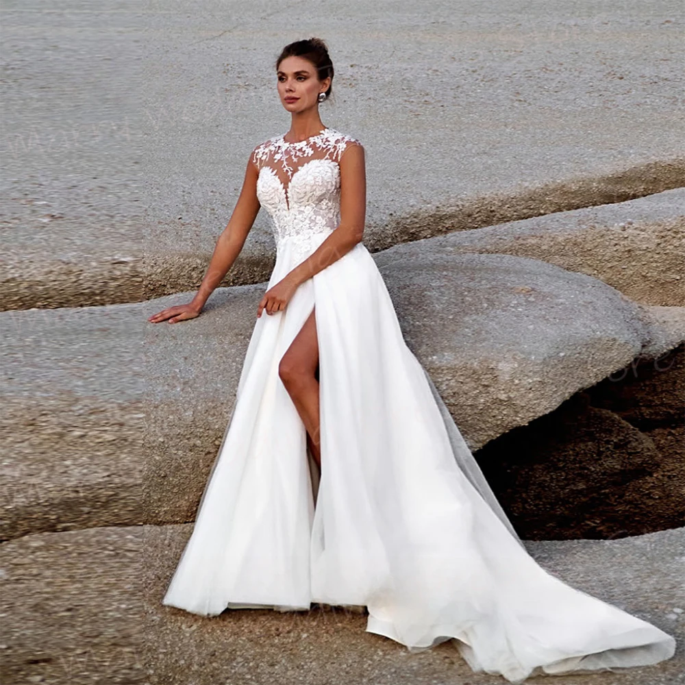 Hermosos vestidos De novia De línea A para mujer, apliques De encaje A la moda, vestidos De novia, manga casquillo, abertura lateral alta, bata De playa