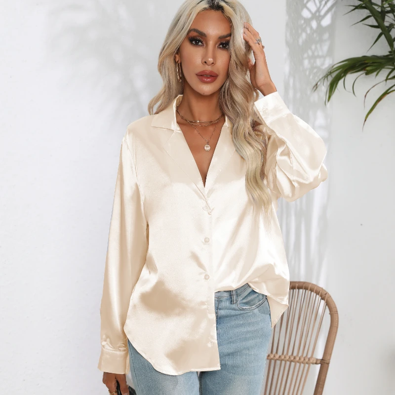 

White Shirt Women Notched Neck Long Sleeve Blouse Women Satin Womens Tops Elegant Female Clothing Loose Silk Button Women Shirts