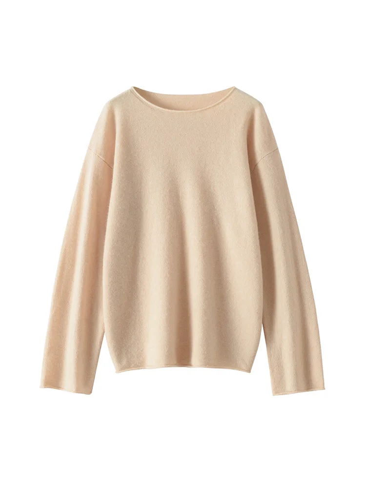 Suéteres de malha de lã cashmere BirdTree para mulheres, suéter solto com gola em o, blusa monocromática, elegante e elegante, outono e inverno, 12G, T485120QM