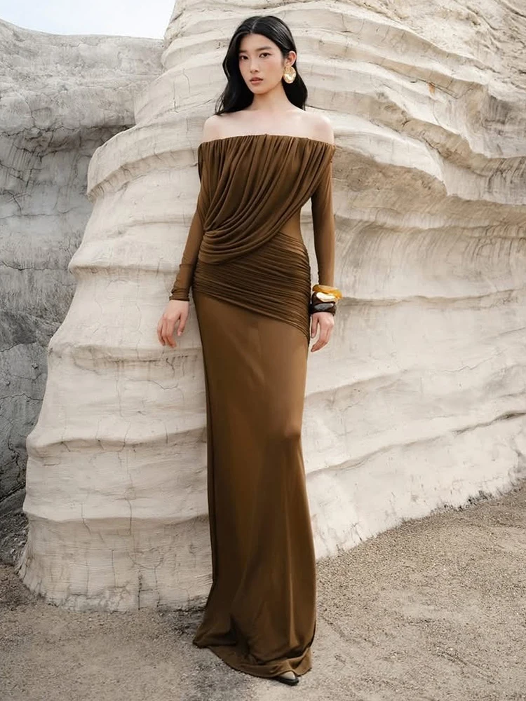 

Weird Puss Elegant Maxi Dress Women Slash Neck Irregular Ruched Mesh Patchwork Spring Trend Peach Hip Stretch Skinny Bodycon